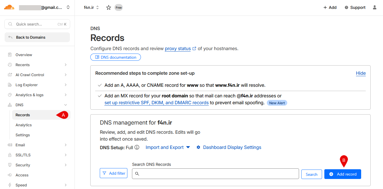 افزودن رکورد دامنه به زایا در کلودفلر