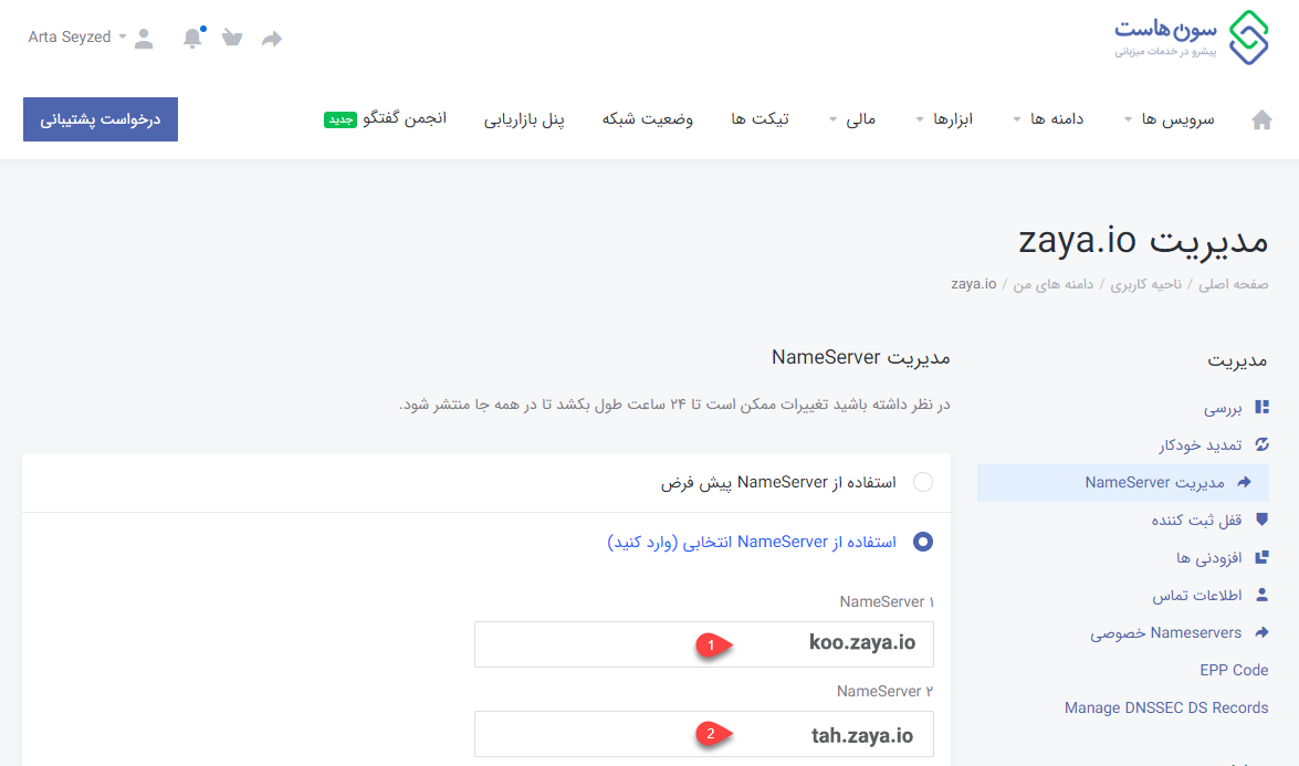 راهنمای اتصال دامنه به زایا با Name Server 6 تغییر dns دامنه به زایا